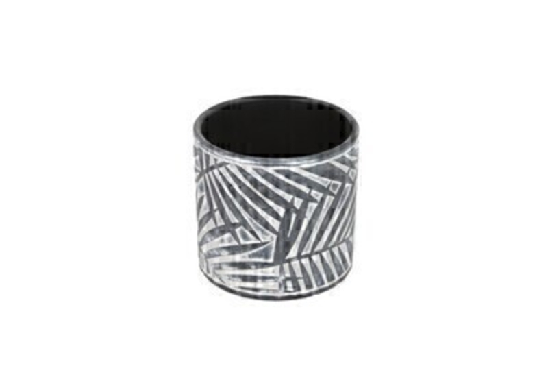 Palm Design Concrete Pot Cover In Charcoal And White by Gisela Graham Palm leaf round concrete pot in charcoal and white by designer Gisela Graham. The palm leaf design will give a tropical vibe to your home or garden.  Makes a great gift idea.